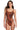 A woman wearing a brown one-piece swimsuit with a zebra-inspired print and side cut-outs.